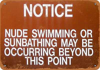 Metal Sign Notice Nude Swimming and Sunbathing Vintage Look Reproduction