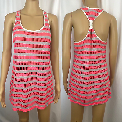 #ad Women#x27;s Nike Swim Cover Up Top Neon Pink Mesh Gray Stripe Racerback Size M