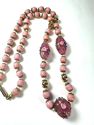 #ad Vintage Necklace Glass Wedding Cake Beads Knotted Filigree Cap Pink 22in