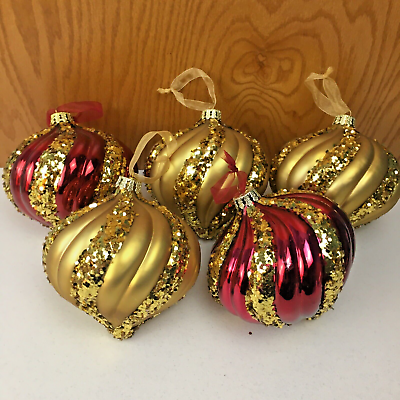 #ad Set of 5 Frontgate Large Christmas Bulbs Onion Shaped Plastic Glitter Red amp; Gold