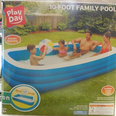 Play Day Inflatable 10 Foot Rectangular Family Pool 120quot;x72quot;x22quot; W Drain Plug
