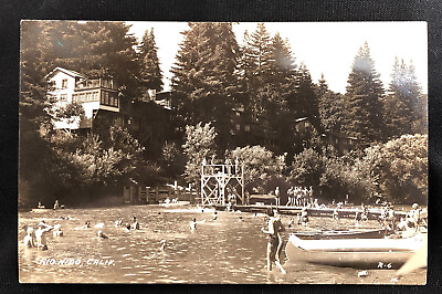 Vintage Real Photo Postcard Rio Nido California Russian River Swimming Boat RPPC