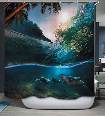 Turtle Swimming Underwater Wave Fabric SHOWER CURTAIN amp; Hooks Tropical Sea Palm
