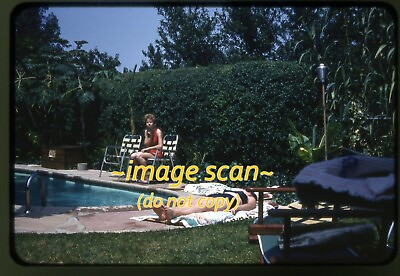 #ad Woman in Bathing Suit at Swimming Pool in 1960 Kodachrome Slide b10c