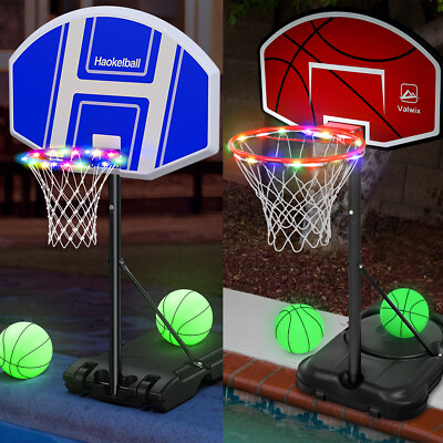 #ad Portable Poolside Basketball Hoop 41#x27;#x27; 59#x27;#x27; Adjustable Height w Light 2 Balls
