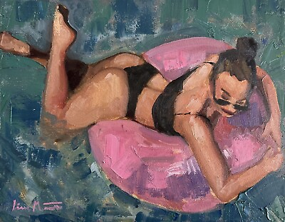 #ad Original Impressionist Painting Female Figure Summer Pool Palm Springs Signed