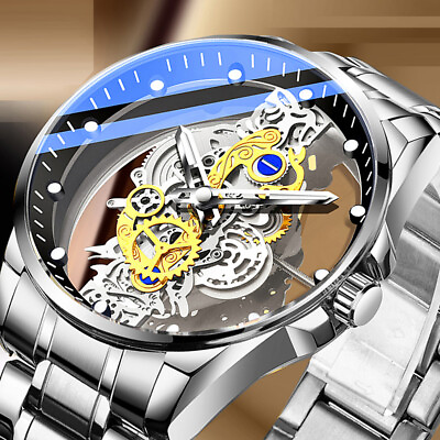 Luxury Men#x27;s Automatic Quartz Stainless Steel Watch Business Hollow Skeleton USA