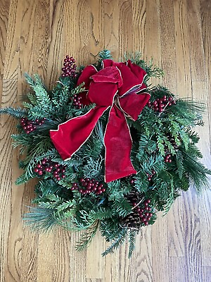Frontgate Christmas Wreath 30quot; with Red Bow Lights Up Indoor and Outdoor