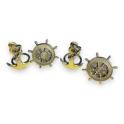 Vintage Brass Anchors amp; Ships Wheel Metal Napkin Rings Set of 4 Nautical Boating
