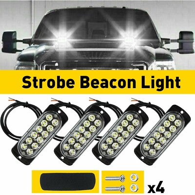 4x White 12 LED Car Truck Beacon Warning Hazard Flash Strobe Light