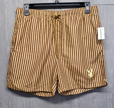 #ad #ad Playboy Pacsun Swim Trunks Mens Large Gold Brown Stripe Bunny Logo Lined Pockets