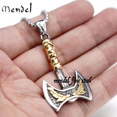 #ad MENDEL Mens Gold Plated Nordic Viking Raven Axe Pendant Necklace Stainless Steel