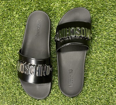 #ad Men#x27;s Moschnio Pool Slides In Pvc Lettering Logo Black Silver