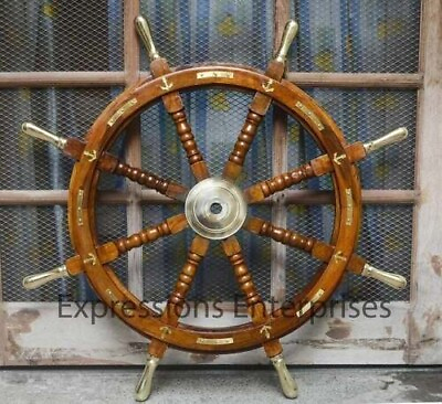 36quot;Nautical Marine Brass Spoke Anchor Wheel Ship Handmade Wooden Steering Style