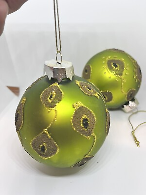 FRONTGATE Glass Christmas Ornaments Green Gold Embellished Ornaments lot 2