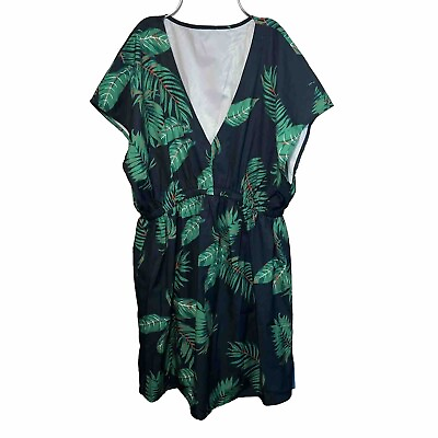 #ad CUPSHE Women#x27;s Swimming Cover Up Short dress Green V neck Sz L Tropical Print