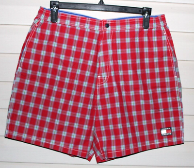 #ad Tommy Hilfiger Men#x27;s Swim Trunks Shorts Red Plaid Lined Size XL 90s Vintage