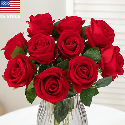 #ad 20Pcs Red Silk Roses Artificial Flowers Realistic Bouquet Home Decor valentine