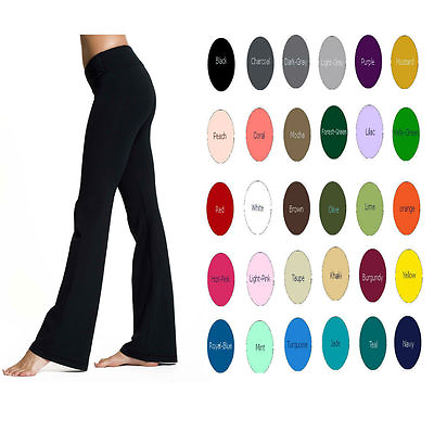 Women Premium Cotton High Waist Foldover Flare Yoga Pants 34quot; Inseam XS 5X USA
