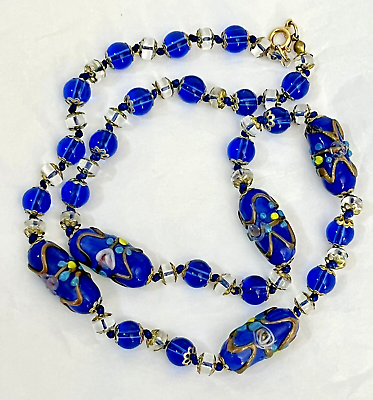 #ad Vintage Wedding Cake Necklace Venetian Glass Italy Estate Blue Beads Knotted
