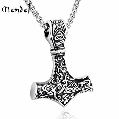 #ad MENDEL Mens Stainless Steel Norse Viking Thors Hammer Mjolnir Pendant Necklace