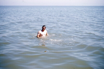#ad 1950s Red Border Kodachrome Slide Man Swimming in the Water Lake Ocean
