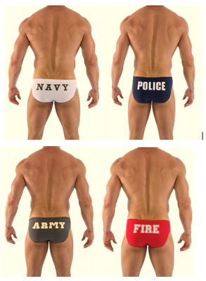 $5.00 cheap quality men#x27;s swim briefs Army Navy Police Fire sizes S M amp; L