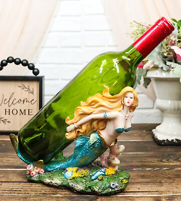 #ad Nautical Colorful Blonde Mermaid With Shimmering Blue Tail Swimming Wine Holder