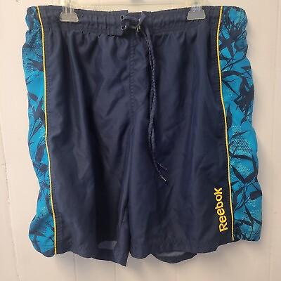 #ad #ad Reebok Mens XL Swim Trunks 100% Polyester Dark Light Blue Yellow Striped