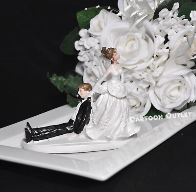 #ad WEDDING CAKE TOPPER FIGURINE BRIDE AND GROOM HUMOR FUNNY COUPLE Dragging GROOM