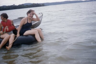 #ad 35mm Slide1950s Red Border Kodachrome Women On Inner Tube on Lake Swimming
