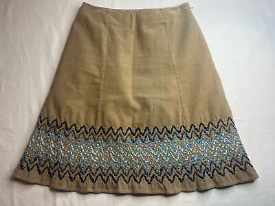 #ad Boden Corduroy Skirt Womens Size 4R Tan Brown Blue Zig Zag Embroidery Above Knee