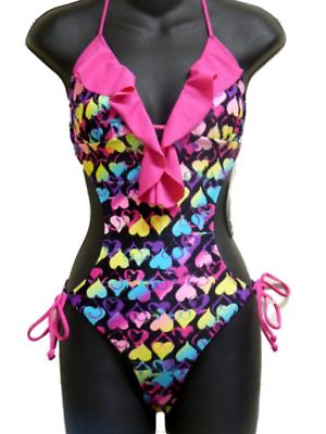 #ad Joe Boxer Juniors Womens Rainbow Heart Rufflle Monokini Swim Suit Swimming