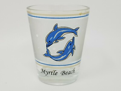 Shot Glass Myrtle Beach Frosted 2 Blue Dolphins Swimming Tail Vintage 1980s