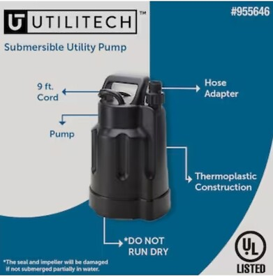 #ad Utilitech  1 6 HP 25 GPM Thermoplastic Submersible Utility Pump model# 0955646