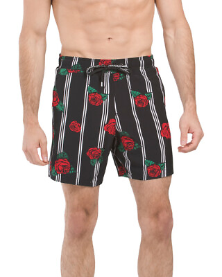 #ad Surf Society mens Trunks Medium Black Stripes Roses Swim Shorts 7 inch inseam