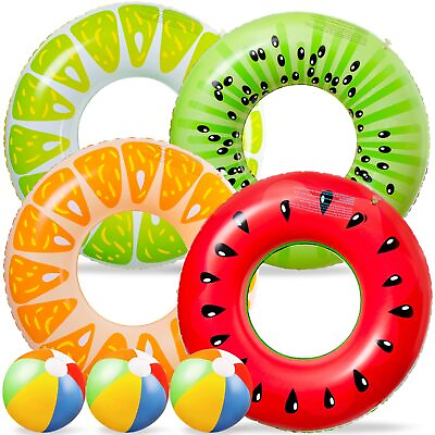#ad 90shine 7PCS Fruit Pool Floats Watermelon Kiwi Orange Lemon Swimming Rings wi...