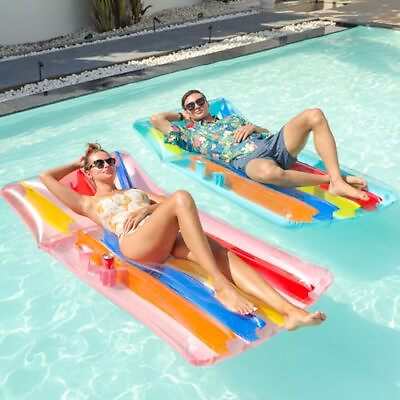 #ad #ad 2 Pack 72 Pool Floats Adults Cup Holder Inflatable Lounger Raft Heavy Duty Lake