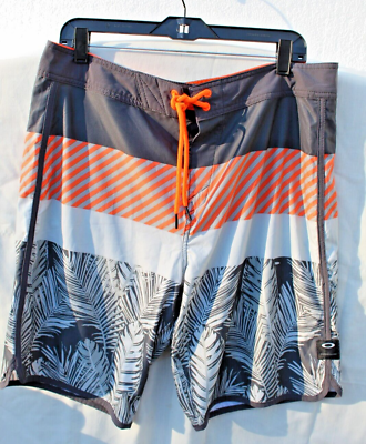 #ad Oakley Board Short Sz 36 Orange Gray White Drawstring Regular Fit Swim Unlined