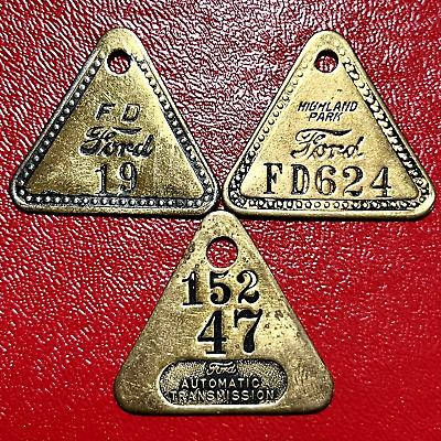 LOT OF 3 VINTAGE FORD MOTOR CO. EMPLOYEE BRASS TOOL CHECK TAGS