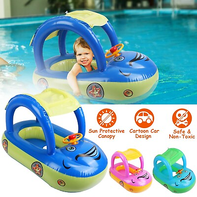 #ad Baby Pool Float with UPF 50 Canopy Car Shaped Inflatable Infant Swim Float Boat