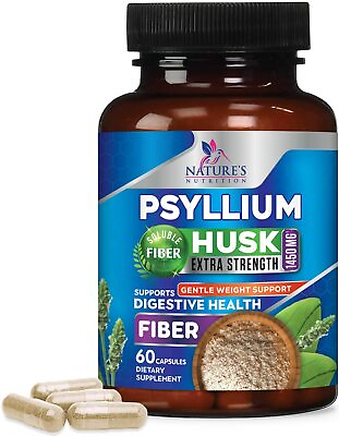 Psyllium Husk Capsules Max Potency Dietary Fiber 1450mg 100% Soluble Pills