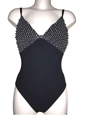 Gottex Black Padded Swimsuit UK 12 Swimming Costume Bathing Suit Jewel trim