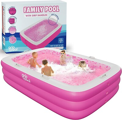 #ad Kids Family Swimming Pool Large Pink Inflatable with Handles Blow up Soft Floor