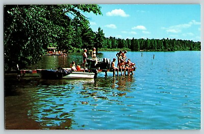 SWIMMING AND BOATING AT LUTHER PARK BIBLE CAMP IN CHETEK WISCONSIN VTG POSTCARD