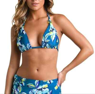 #ad La Blanca Ruched FiJi Blue Tropical Halter Bikini Swim Top Womens Size 16 NWT