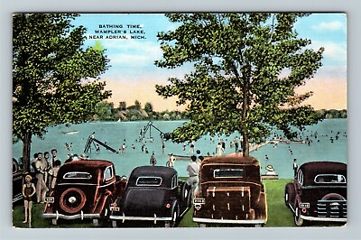 #ad Adrian MI Michigan Wampler#x27;s Lake Swimming Slides Period Cars Linen Postcard