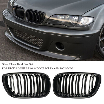 #ad Twin Bar Gloss Black Bumper Kidney Grille For BMW 3 Series E46 4D 02 06 Facelift