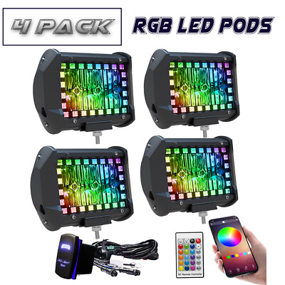 4x 4quot; inch LED Work Light Pods Bluetooth RGB Halo Chasing Music Flash amp; Wiring