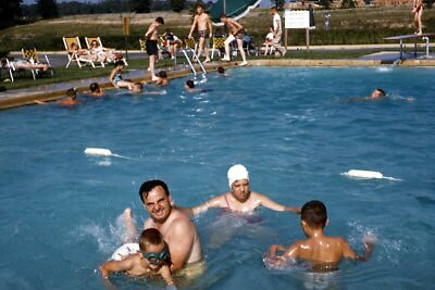 #ad Kodak Slide 1950s Red Border Kodachrome Family Father Swimming Public Pool